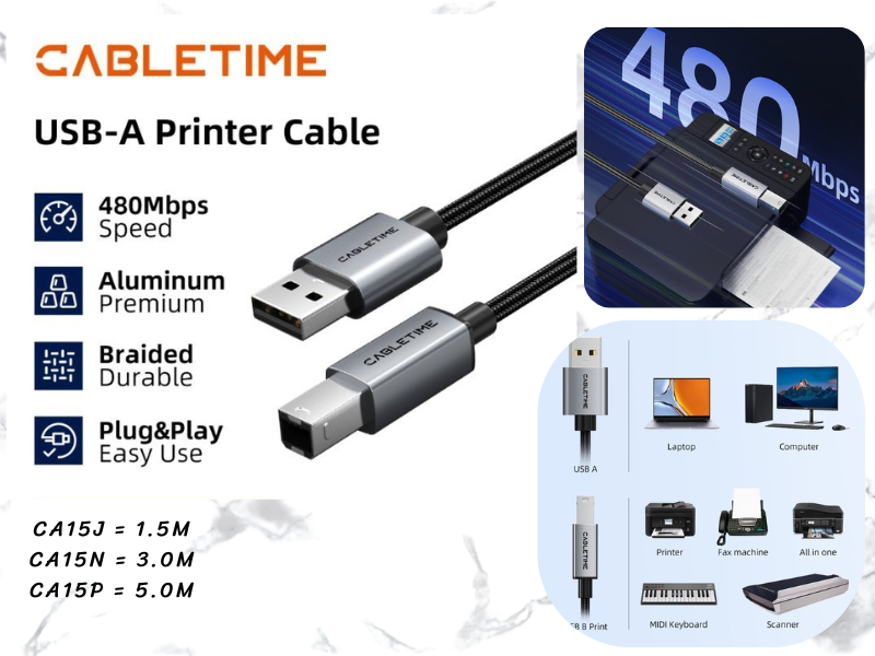 CableTime USB2.0 Printer Cable AM-BM สายยาว 1.5เมตร CableTime USB2.0 Printer Cable AM-BM สายยาว 1.5เมตร