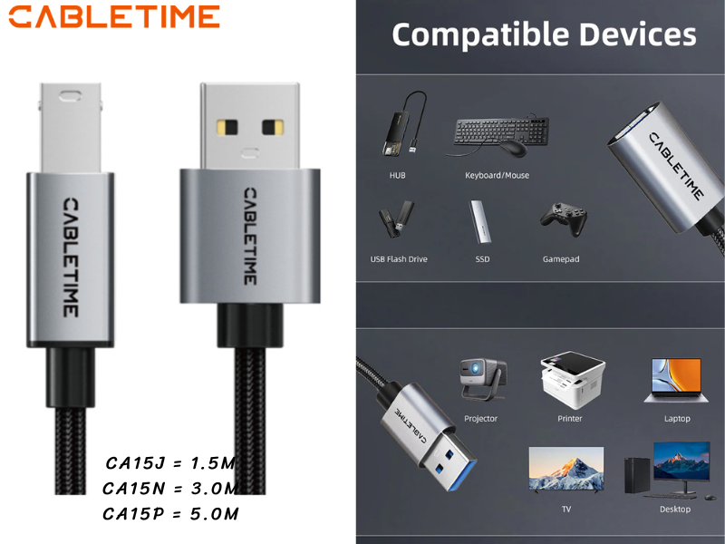 CableTime USB2.0 Printer Cable AM-BM สายยาว 1.5เมตร CableTime USB2.0 Printer Cable AM-BM สายยาว 1.5เมตร