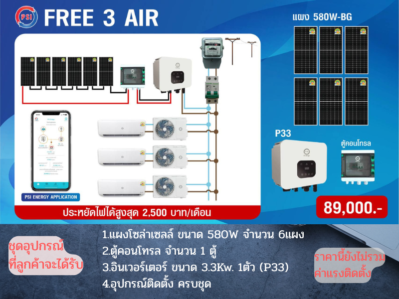 PSI ชุดอุปกรณ์ติดตั้ง แอร์โซล่าเซลล์ ขนาด 580 วัตต์ 6 แผง PSI ชุดอุปกรณ์ติดตั้ง แอร์โซล่าเซลล์ ขนาด 580 วัตต์ 6 แผง