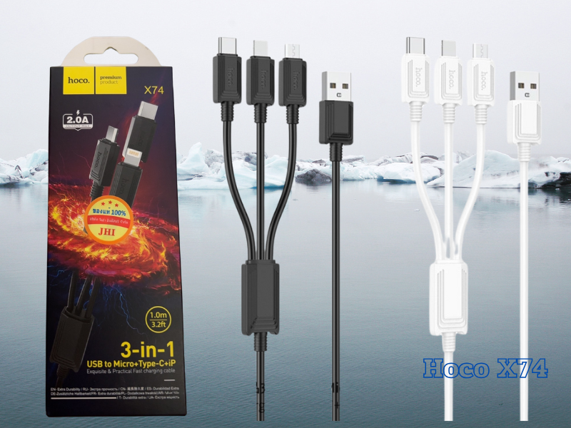 HOCO สายชาร์จมือถือแบบ 3หัว สำหรับ iOS, Micro, Type-C รุ่น X74