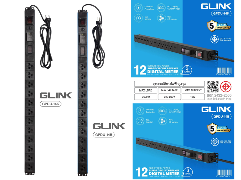GLINK ปลั๊กไฟสำหรับตู้แล็ค 12เต้าเสียบ สายยาว 2เมตร รุ่น GPDU-14B GLINK ปลั๊กไฟสำหรับตู้แล็ค 12เต้าเสียบ สายยาว 2เมตร รุ่น GPDU-14B