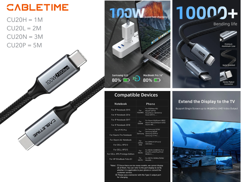 CABLETIME สายเคเบิล USB Type C สายชาร์จเร็ว ถ่ายโอนข้อมูล ต่อจอภาพได้ ยาว 2เมตร