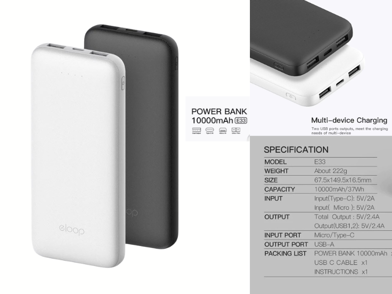 Eloop E33 แบตสำรอง 10000mAh ชาร์จเร็ว 2.4A 12W