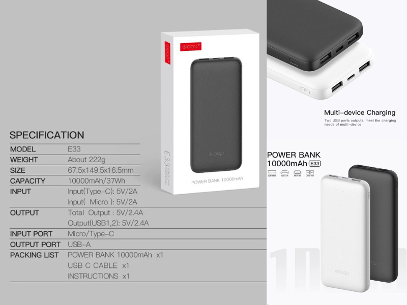 Eloop E33 แบตสำรอง 10000mAh ชาร์จเร็ว 2.4A 12W