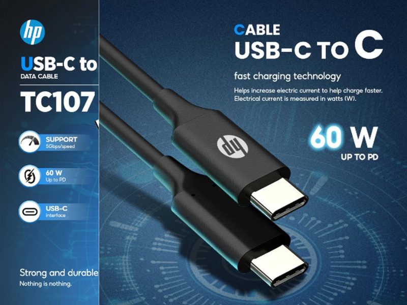 HP สายเคเบิล USB TYPE-C  1.0M รุ่น TC107 PD Fast Charging สูงสุด 60W (20V/3A)
