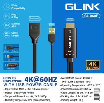 GLINK ADAPTER HDMI TO DISPLAY PORT With USB Power 4K@60HZ.