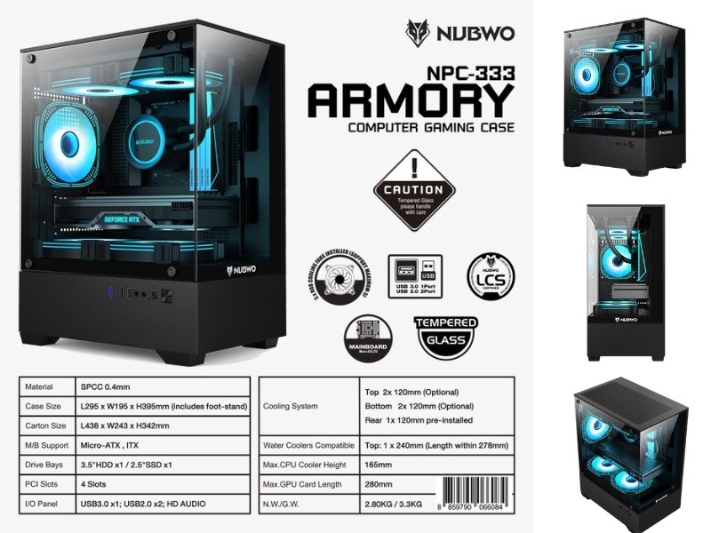 NUBWO ARMORY CASE M-ATX ฝาข้างกระจกนิรภัยใสพิเศษ แข็งแรง ระบายความร้อนดี