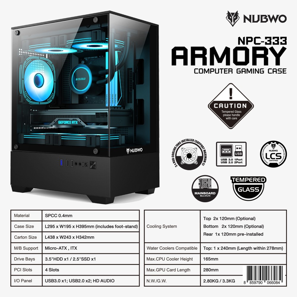 NUBWO ARMORY CASE M-ATX ฝาข้างกระจกนิรภัยใสพิเศษ แข็งแรง ระบายความร้อนดี