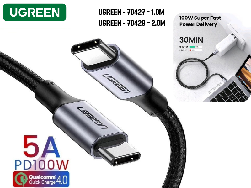 UGREEN สายถักชาร์จ USB-C to USB-C จ่ายไฟ 100W Fast Charger Cable 1.0M