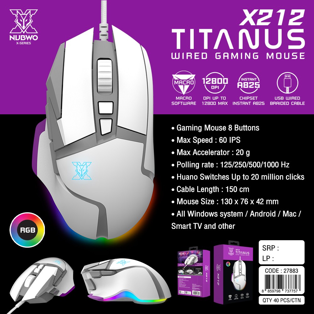 NUBWO X-SERIES USB RGB GAMING MOUSE 12800dpi Model X212
