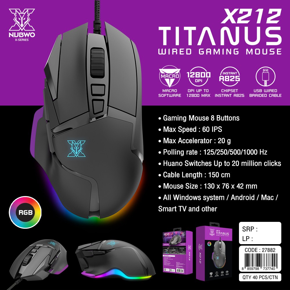 NUBWO X-SERIES USB RGB GAMING MOUSE 12800dpi Model X212
