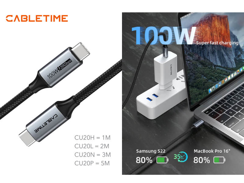 CABLETIME สายเคเบิล USB Type C สายชาร์จเร็ว ถ่ายโอนข้อมูล ต่อจอภาพได้ ยาว 5เมตร