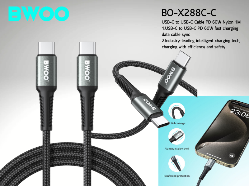 BWOO สายชาร์จมือถือ USB-C TO USB-C PD 60W Nylon 3.0M