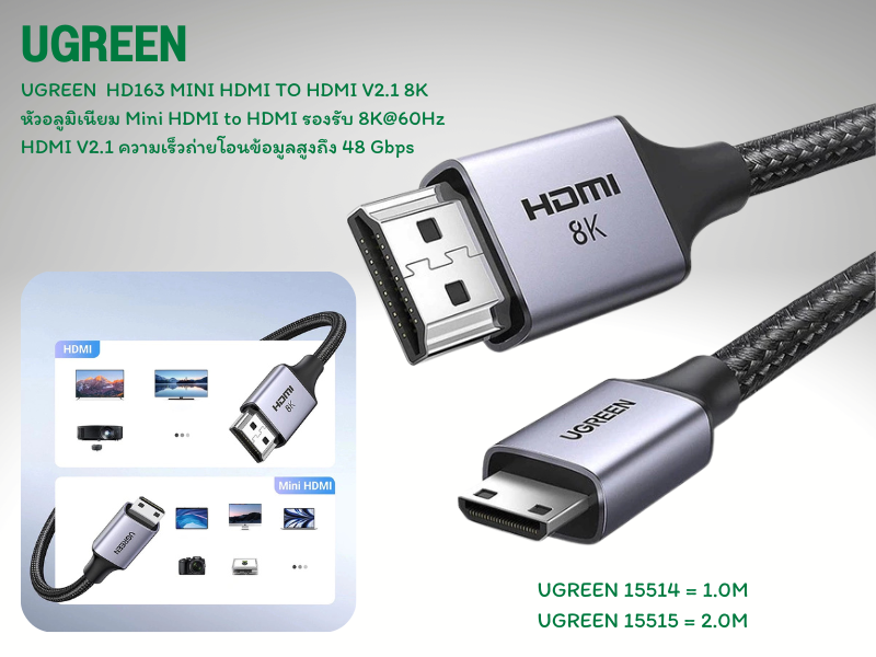 UGREEN MINI HDMI  TO HDMI CABLE V2.1 Support 8K / 60Hz 1.0M