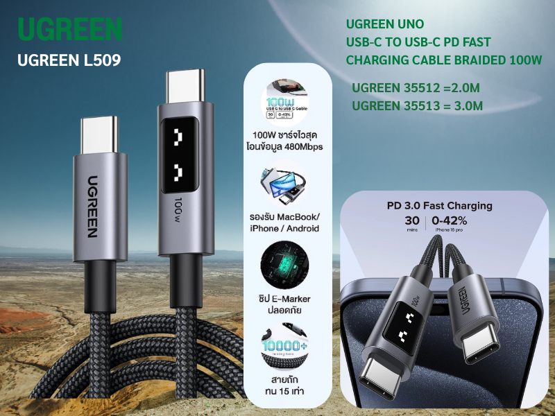 UGREEN สายชาร์จ USB-C to USB-C PD 100W สายยาว 2.0เมตร