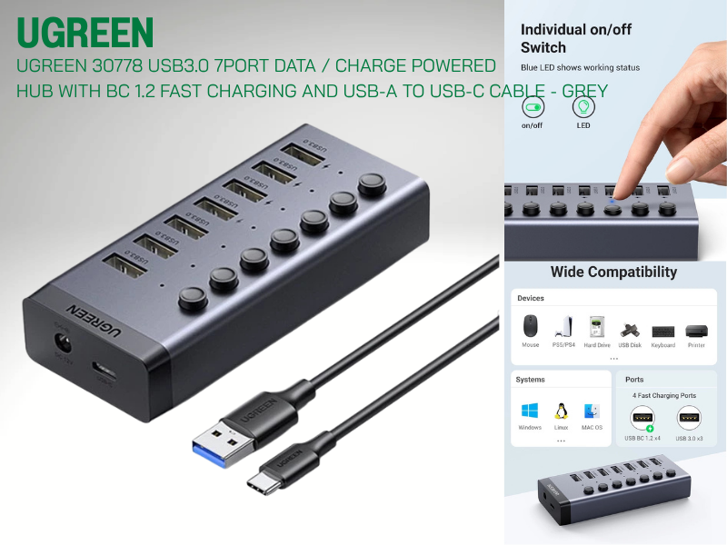 UGREEN รุ่น 30778 USB 3.0 Hub 7 Port พร้อมพอร์ตชาร์จอัจฉริยะ