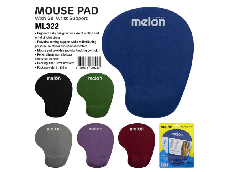Melon แผ่นรองเม้าส์ พร้อมเจลรองข้อมือ ผลิตจาก PVC ป้องกันฝุ่นจับ รุ่น ML322