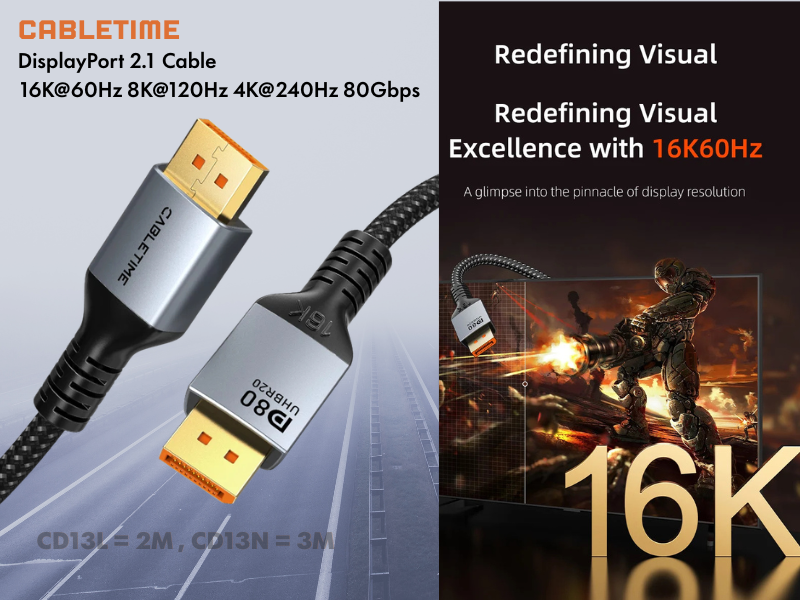 CABLETIME DisplayPort V2.1 Cable 8K@120Hz สายยาว 2เมตร