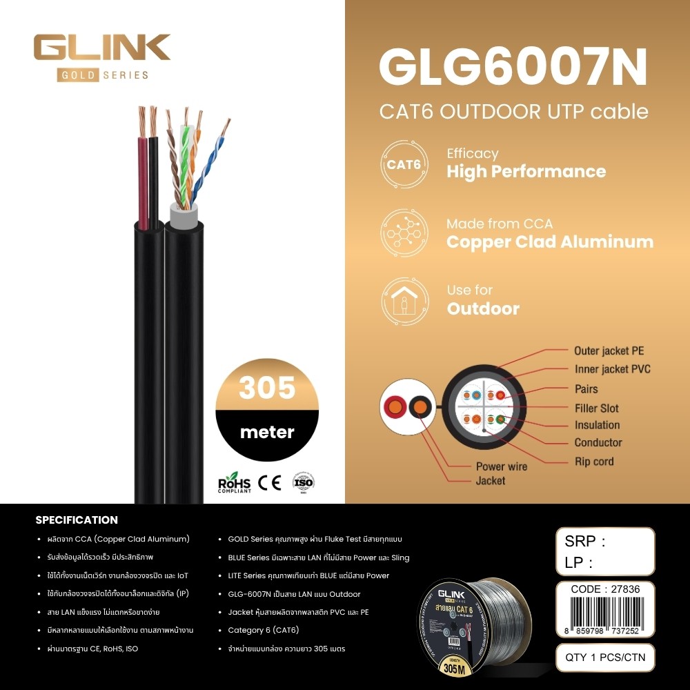 GLINK LAN CAT6 Outdoor GOLD Series สายยาว 305เมตร มี power แยก