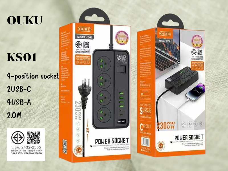 OUKU รุ่น KS01 ปลั๊กไฟ 4ช่องเสียบพร้อมพอร์ตชาร์จ 4USB-A , 2USB-C