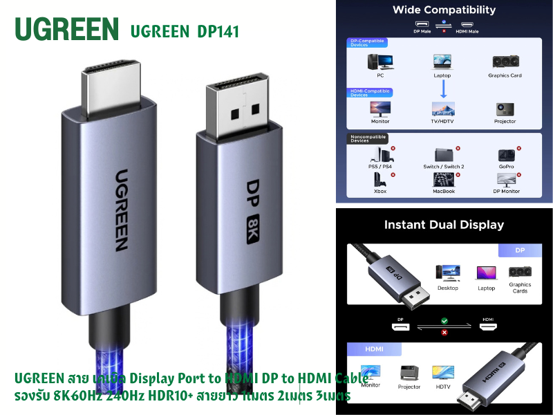 UGREEN รุ่น DP141 DisplayPort to HDMI Cable 8K@60Hz. 3.0M