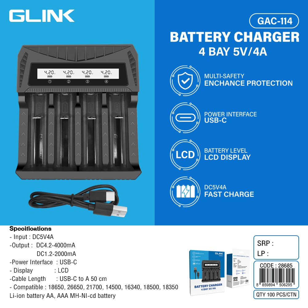 GLINK BATTERY CHARGER 4 BAY 5V/4A แท่นชาร์จถ่าน 4ก้อน