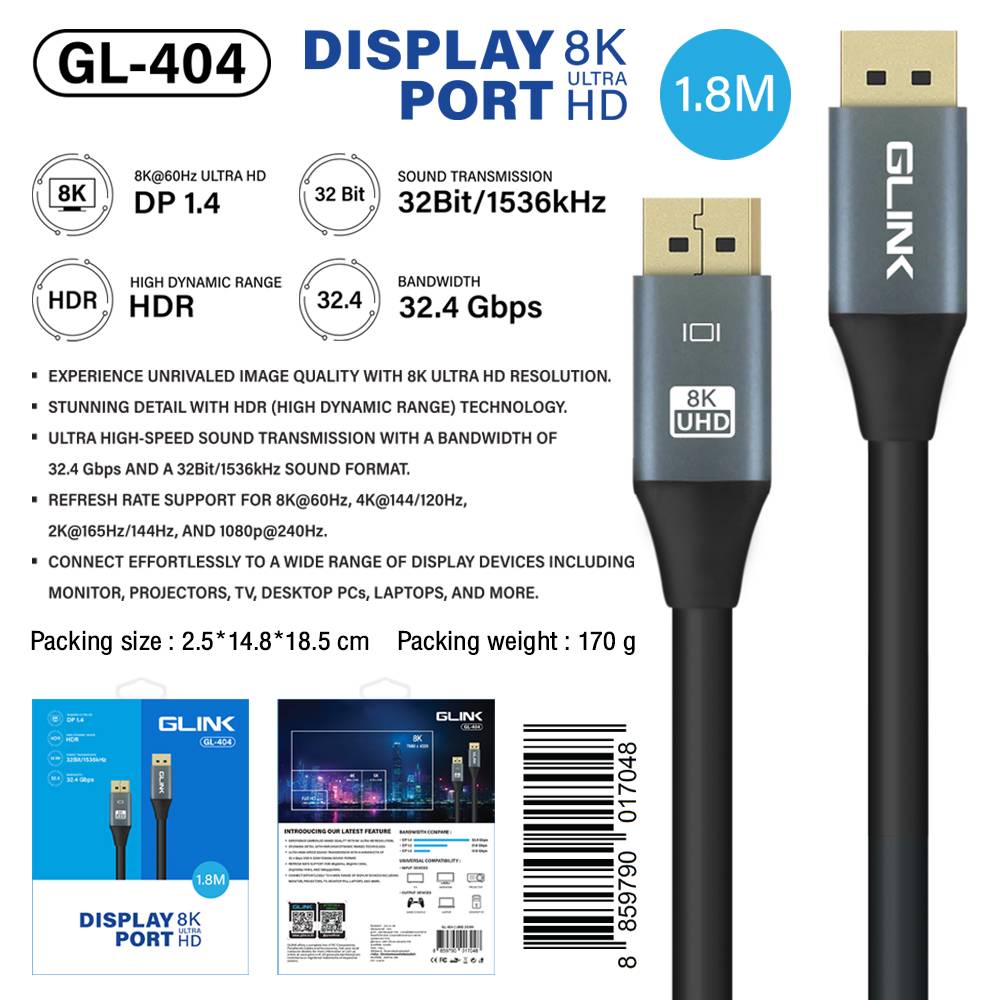 GLINK GL-404 CABLE DISPLAY PORT V1.4 1.8M 8K ULTRA HD GLINK GL-404 CABLE DISPLAY PORT V1.4 1.8M 8K ULTRA HD
