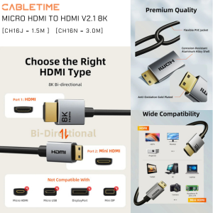 CableTime 8K@60Hz Micro HDMI ไปยัง HDMI Cable Bi-Direction 3.0M CableTime 8K@60Hz Micro HDMI ไปยัง HDMI Cable Bi-Direction 3.0M