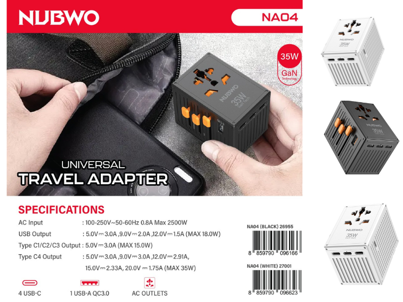 NUBWO NA04 UNIVERSAL TRAVEL ADAPTER 35Watt GaN Technology NUBWO NA04 UNIVERSAL TRAVEL ADAPTER 35Watt GaN Technology