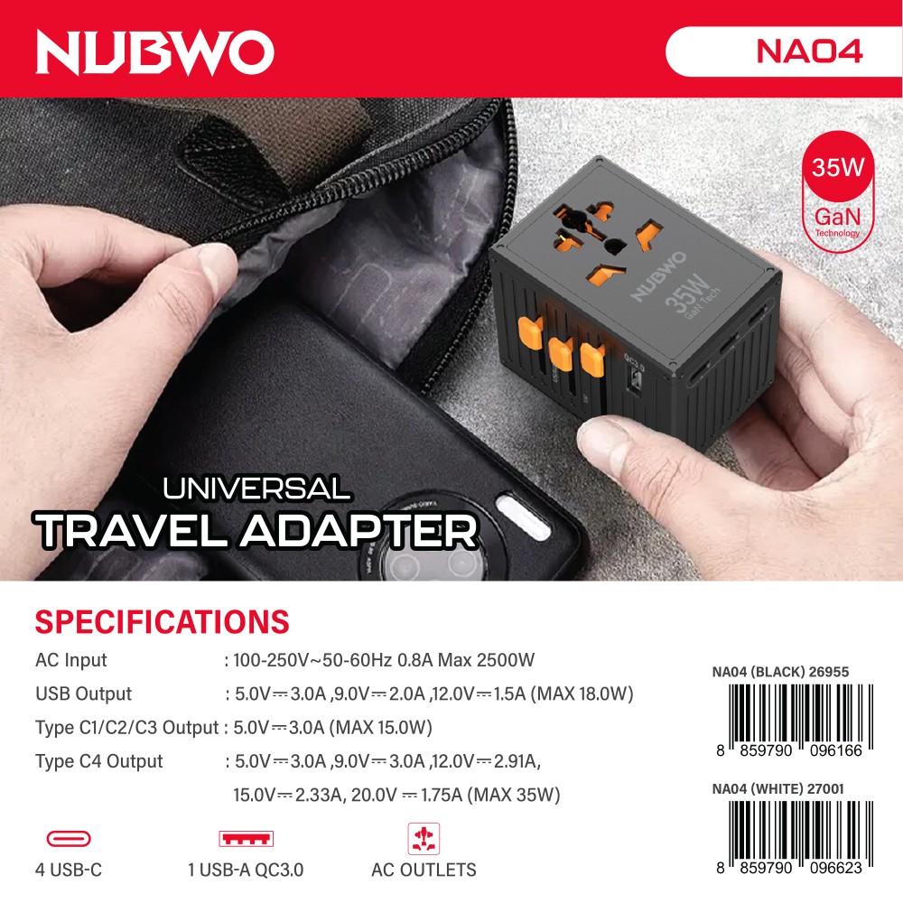 NUBWO NA04 UNIVERSAL TRAVEL ADAPTER 35Watt GaN Technology NUBWO NA04 UNIVERSAL TRAVEL ADAPTER 35Watt GaN Technology