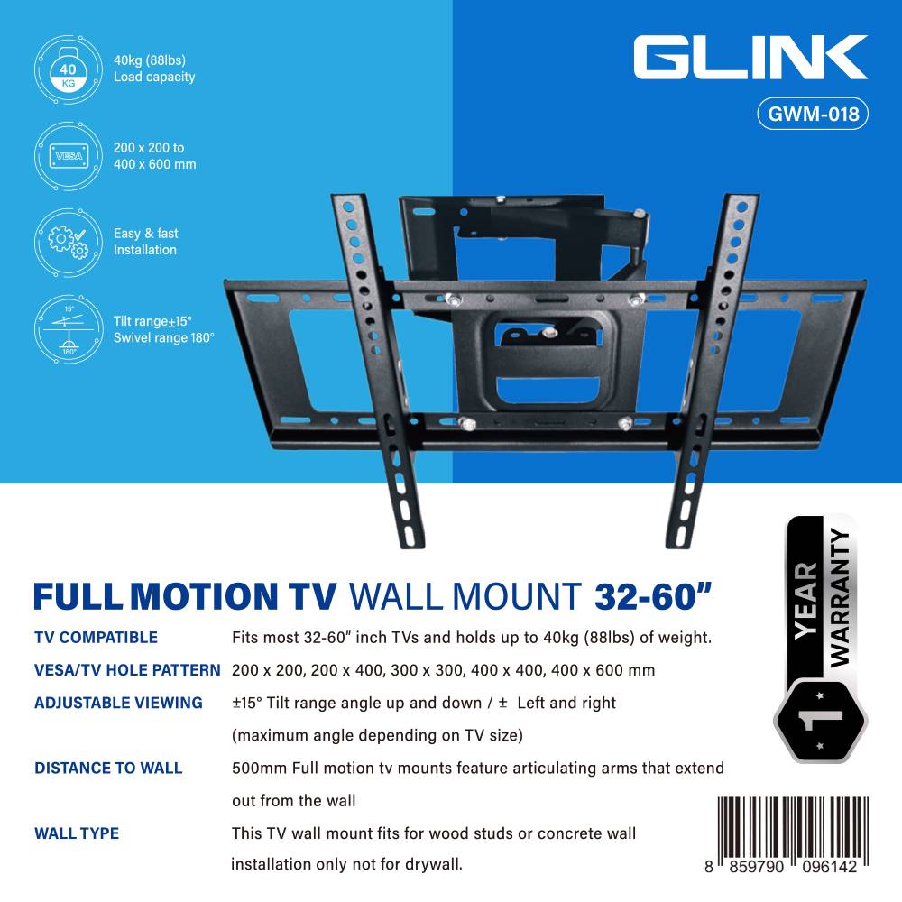 GLINK GWM-018 ขาแขวนทีวียึดติดผนังขนาดทีวี 32-60นิ้ว GLINK GWM-018 ขาแขวนทีวียึดติดผนังขนาดทีวี 32-60นิ้ว