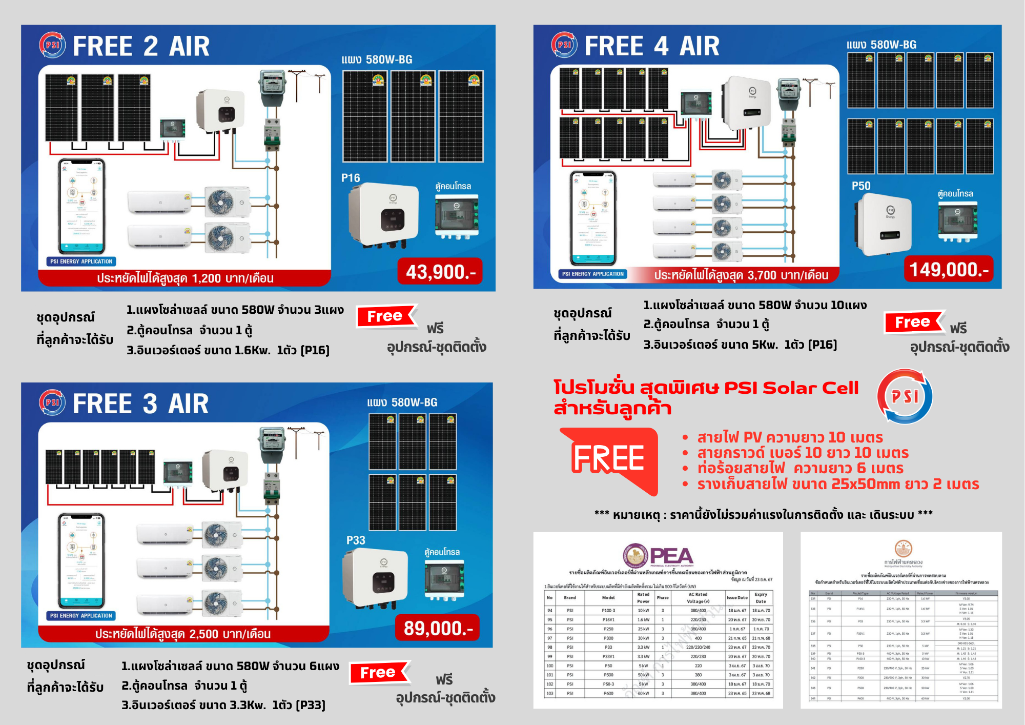 PSI ชุดอุปกรณ์ติดตั้ง แอร์โซล่าเซลล์ ขนาด 580 วัตต์ 3 แผง PSI ชุดอุปกรณ์ติดตั้ง แอร์โซล่าเซลล์ ขนาด 580 วัตต์ 3 แผง