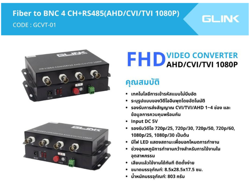 GCVT-01 GLINK FIBER VIDEO MEDIA CONVERTER 4CH