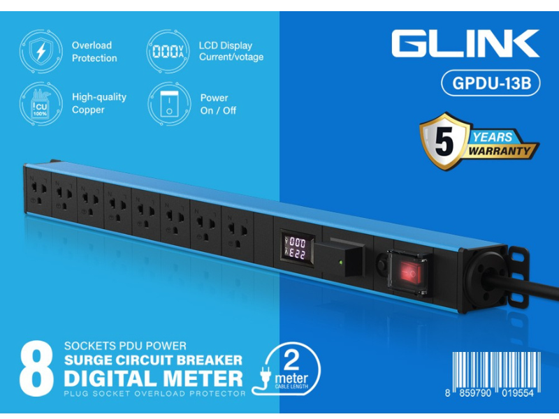 GLINK GPDU-13B ปลั๊กไฟ 8 ช่อง สายยาว 2เมตร มีจอ LCD+overload+Surge 10A