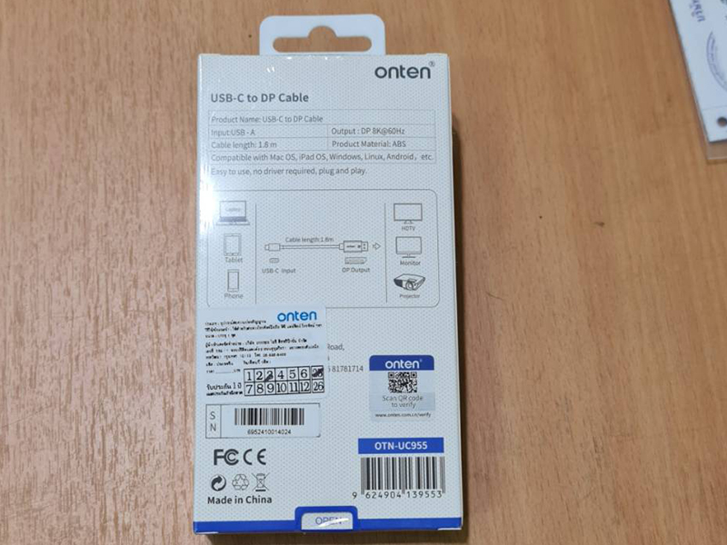 ONTEN USB TYPE-C TO DISPLAY PORT CABLE 1.8M 8K@60Hz.