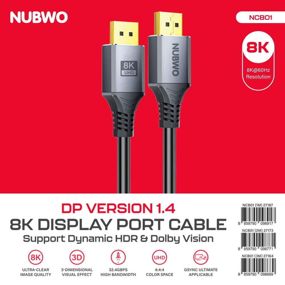 NUBWO Model NCB01 DISPLAY PORT V1.4 CABLE 8K@60Hz. สายยาว 1 เมตร NUBWO Model NCB01 DISPLAY PORT V1.4 CABLE 8K@60Hz. สายยาว 1 เมตร