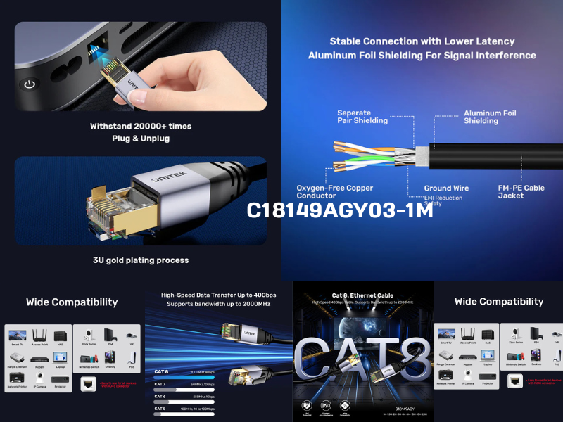 UNITEK LAN Cat 8 High Speed 40Gbps 2000Mhz Network Cord 1.0M UNITEK LAN Cat 8 High Speed 40Gbps 2000Mhz Network Cord 1.0M