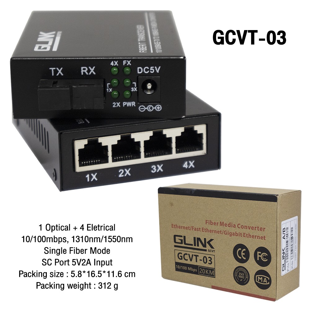 Glink GCVT-03 Media Converter Fiber 10/100 20km. 4 Eletrical Glink GCVT-03 Media Converter Fiber 10/100 20km. 4 Eletrical