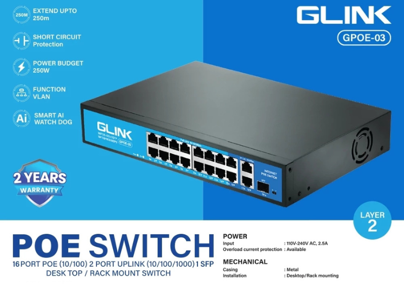 GLINK POE Switch 16Port POE 10/100+2Port Uplink 1000Mbps+1*SFP