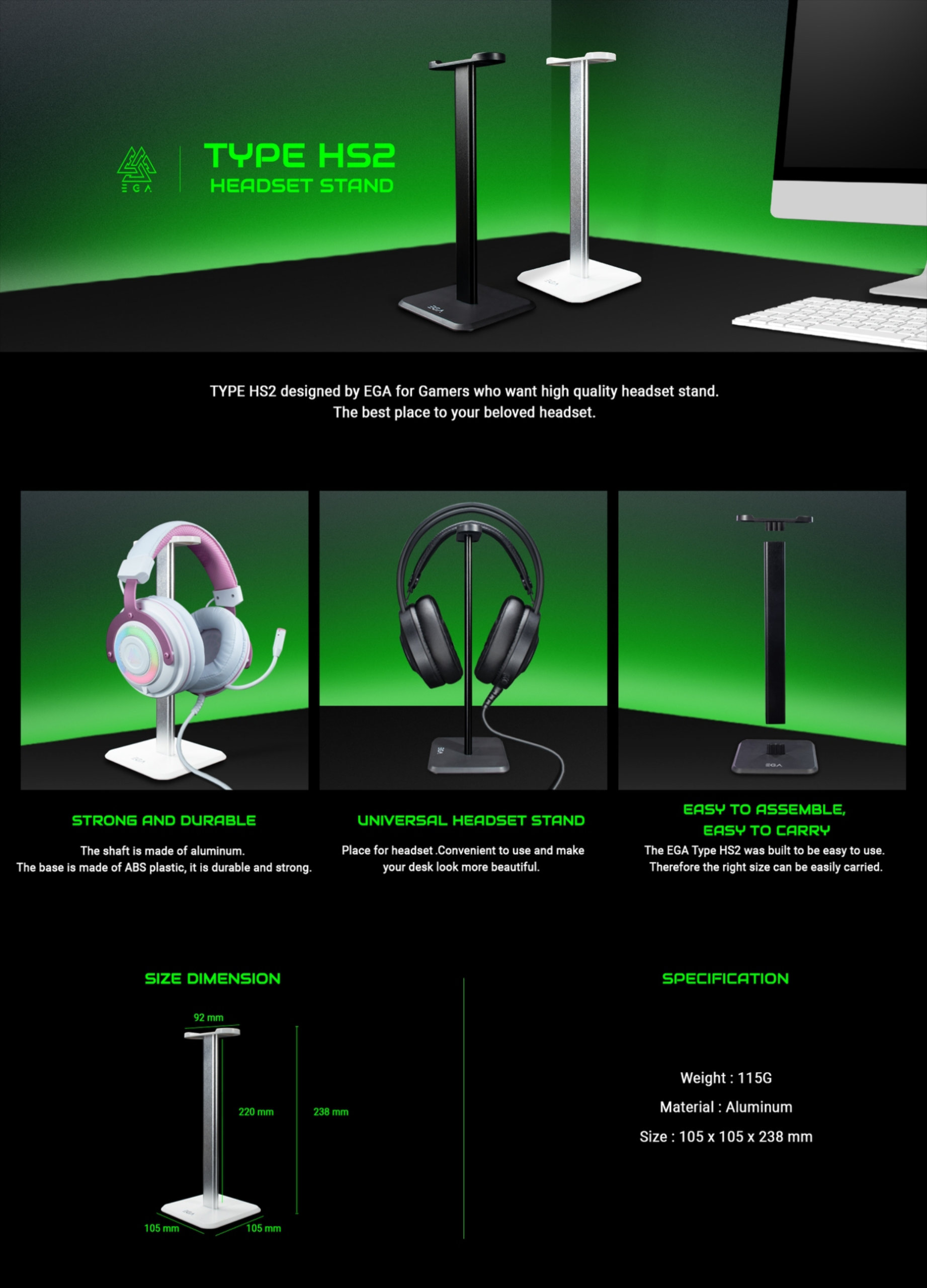 EGA TYPE HS2 Headset Stand ขาตั้งหูฟัง ที่วางหูฟัง สีดำ สีขาว