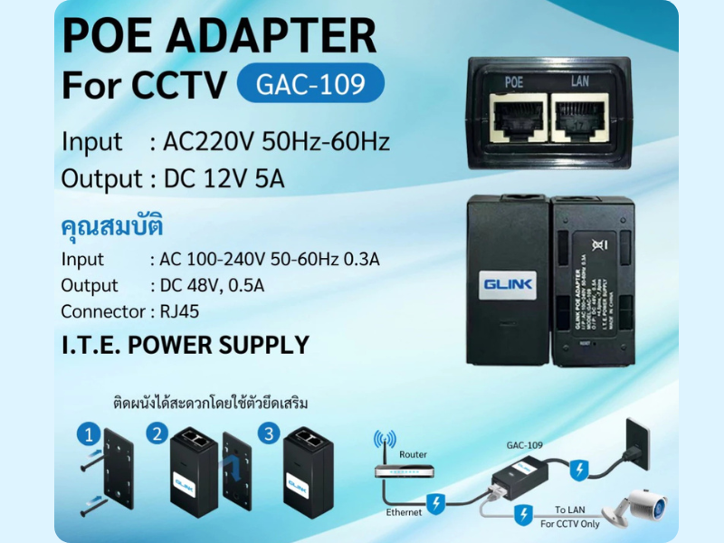 Glink อะแดปเตอร์ POE รุ่น GAC-109 POE Adapter สำหรับกล้องวงจรปิด