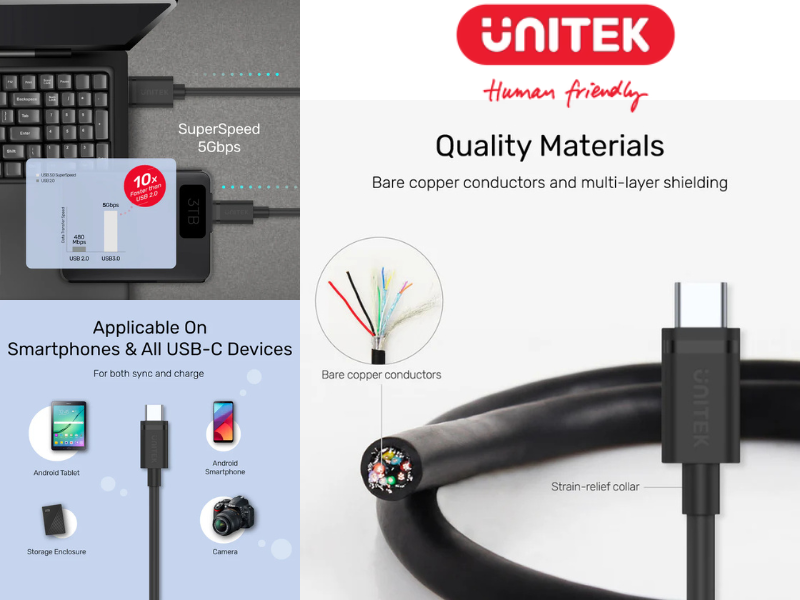 UNITEK USB3.0 TO USB TYPE-C 2M 5gbps.