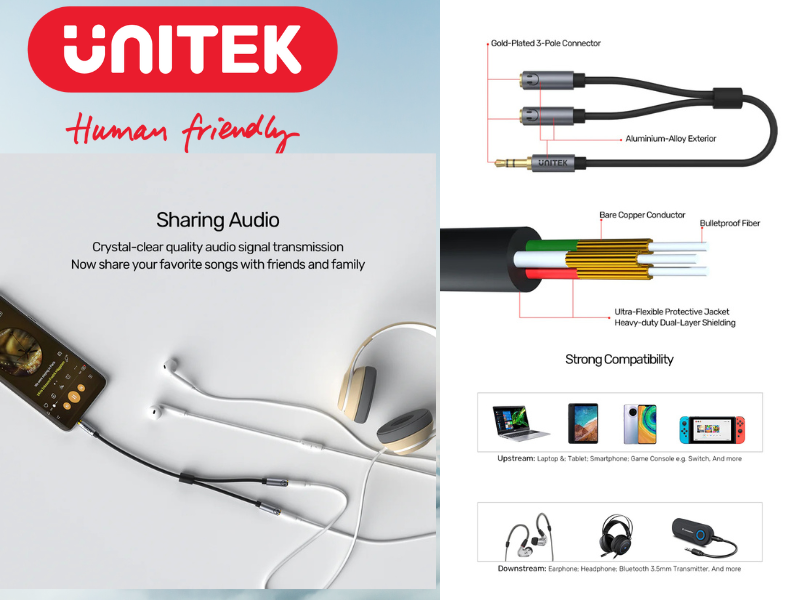 UNITEK 3.5MM AUX Audio Cable with Two Female Socket For Audio Sharing