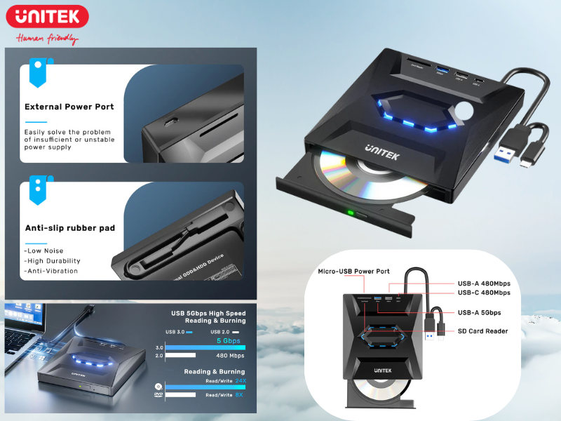 UNITEK 5-in-1 External Optical Drive with USB Hub