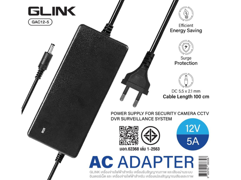GLINK Switching Adaptor Adapter 100-240V - 12V 5A รุ่น GAC12-5 GLINK Switching Adaptor Adapter 100-240V - 12V 5A รุ่น GAC12-5