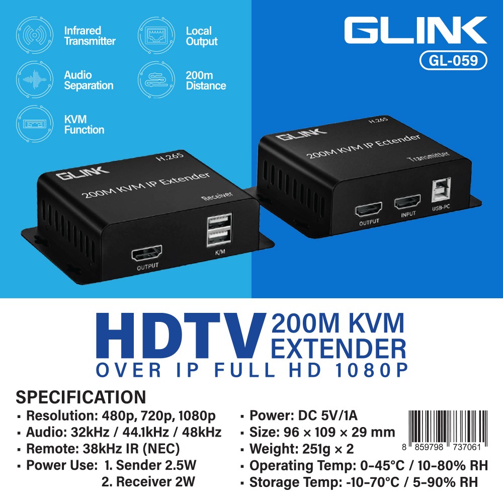 GLINK HDTV KVM EXTENDER 200M. OVER IP FULL HD 1080P รุ่นGL-059 GLINK HDTV KVM EXTENDER 200M. OVER IP FULL HD 1080P รุ่นGL-059