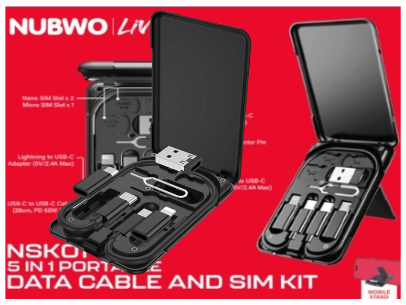 NUBWO 5-IN-1 PORTABLE DATA CABLE AND SIM KIT