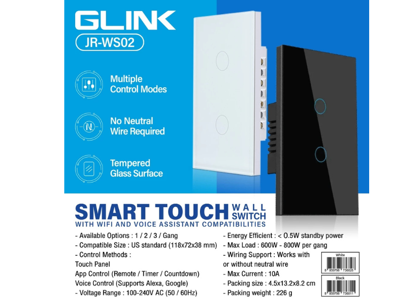 GLINK Smart Touch Wall Switch สวิทช์ไฟสมาร์ททัช ตั้งเวลาปิด เปิดได้ แบบ 4ช่อง