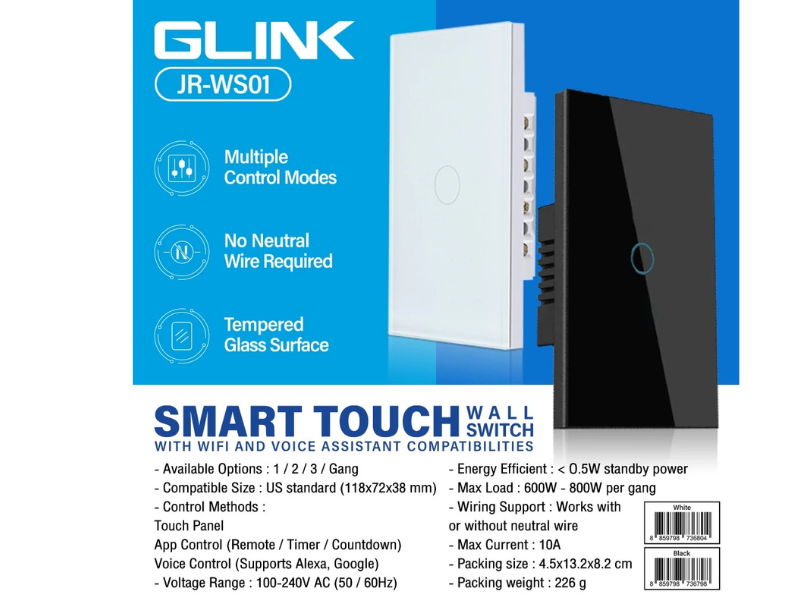 GLINK Smart Touch Wall Switch สวิทช์ไฟสมาร์ททัช ตั้งเวลาปิด เปิดได้ แบบ 4ช่อง