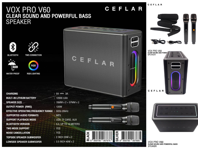 CEFLAR VOX PRO V60 ตู้ลำโพงบลูทูธ พร้อมไมโครโฟนไร้สาย